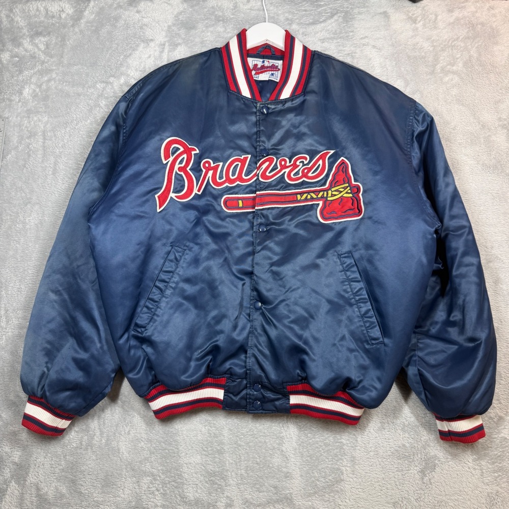 Vintage Starter Atlanta Braves Satin Bomber Jacket Mens XL Blue MLB 90s